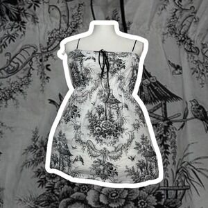 Y2K Floral Babydoll Tank Top Black White Large Boho Toile Whimsical Artsy Flowy